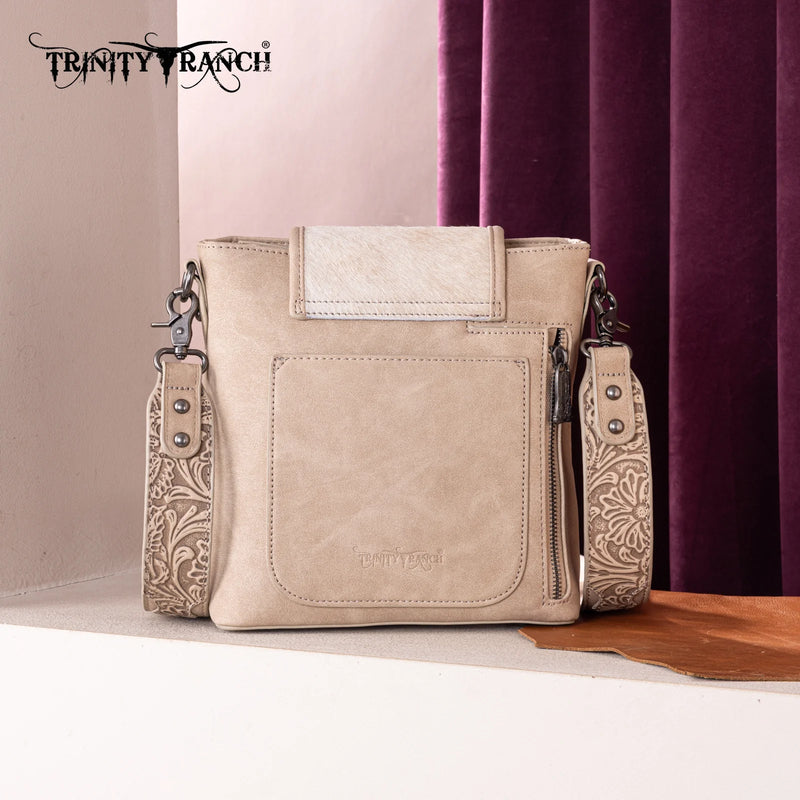 Load image into Gallery viewer, TR185G-9360TN - Trinity Ranch Genuine Hair-On Cowhide Tooled Concealed Carry Crossbody Bag- Tan
