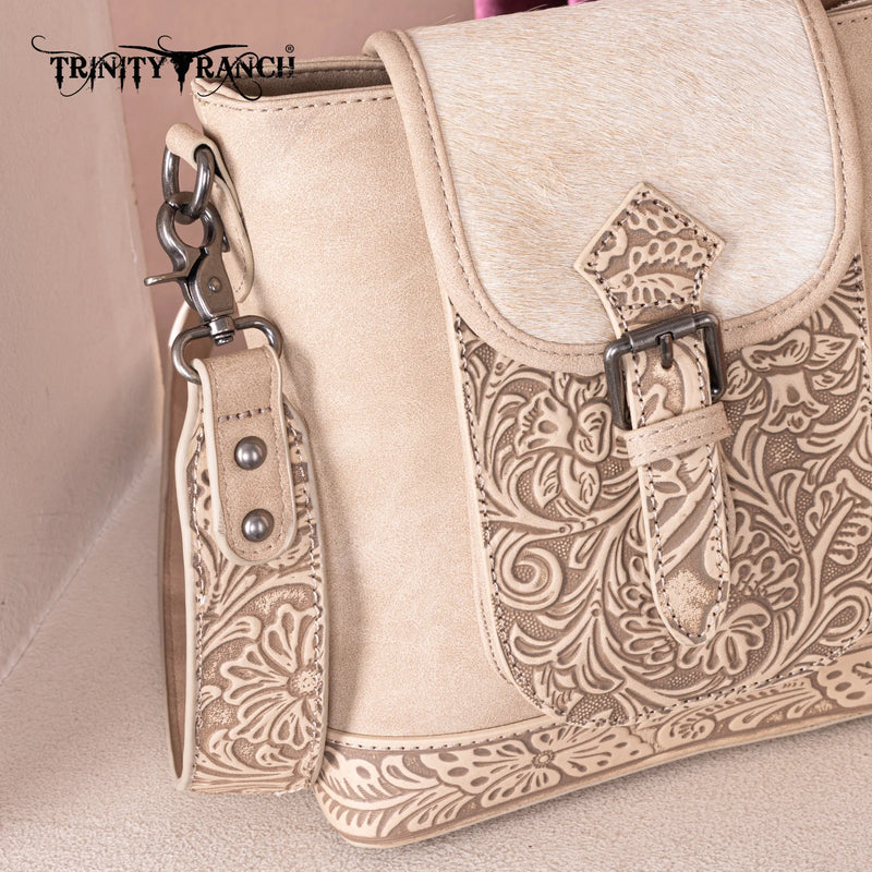 Load image into Gallery viewer, TR185G-9360TN - Trinity Ranch Genuine Hair-On Cowhide Tooled Concealed Carry Crossbody Bag- Tan
