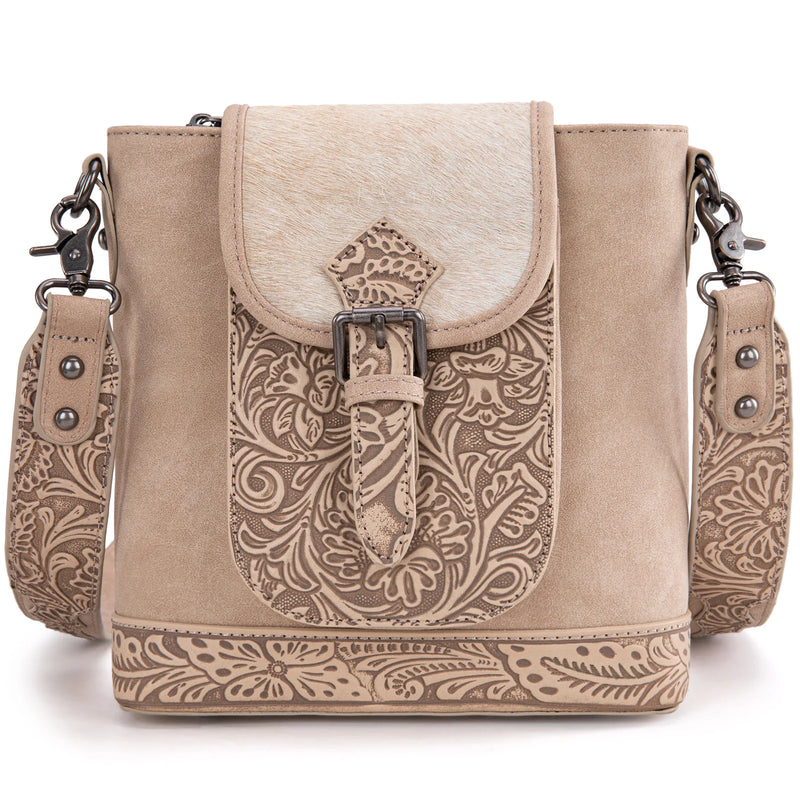 Load image into Gallery viewer, TR185G-9360TN - Trinity Ranch Genuine Hair-On Cowhide Tooled Concealed Carry Crossbody Bag- Tan
