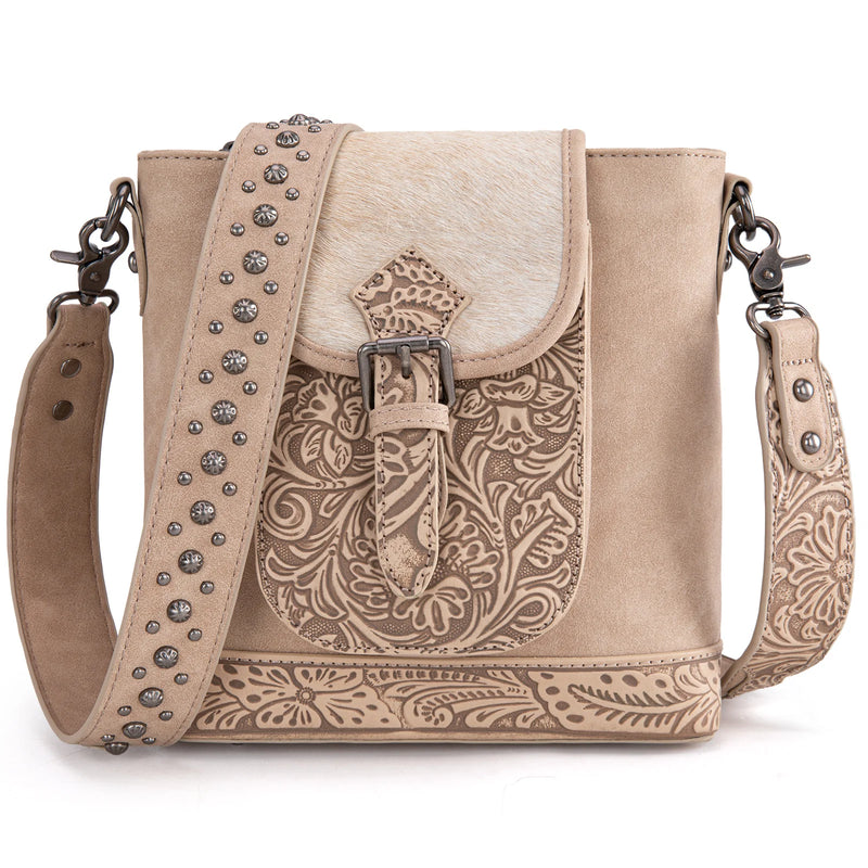 Load image into Gallery viewer, TR185G-9360TN - Trinity Ranch Genuine Hair-On Cowhide Tooled Concealed Carry Crossbody Bag- Tan
