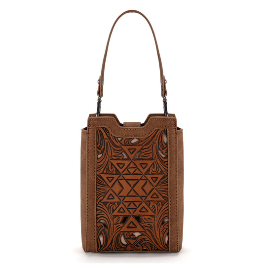 TR190-1821BR - Trinity Ranch Floral Aztec Tooled Mini Tote/Crossbody