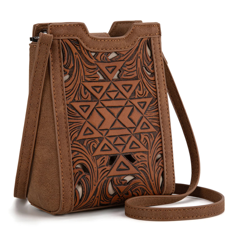 Load image into Gallery viewer, TR190-1821BR - Trinity Ranch Floral Aztec Tooled Mini Tote/Crossbody
