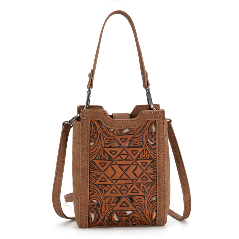 Load image into Gallery viewer, TR190-1821BR - Trinity Ranch Floral Aztec Tooled Mini Tote/Crossbody
