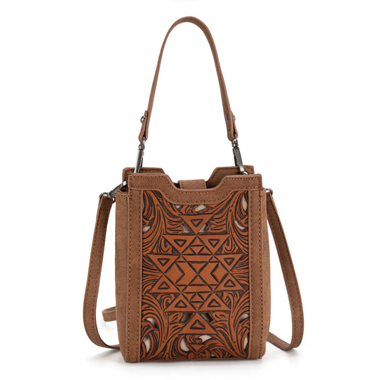 TR190-1821BR - Trinity Ranch Floral Aztec Tooled Mini Tote/Crossbody