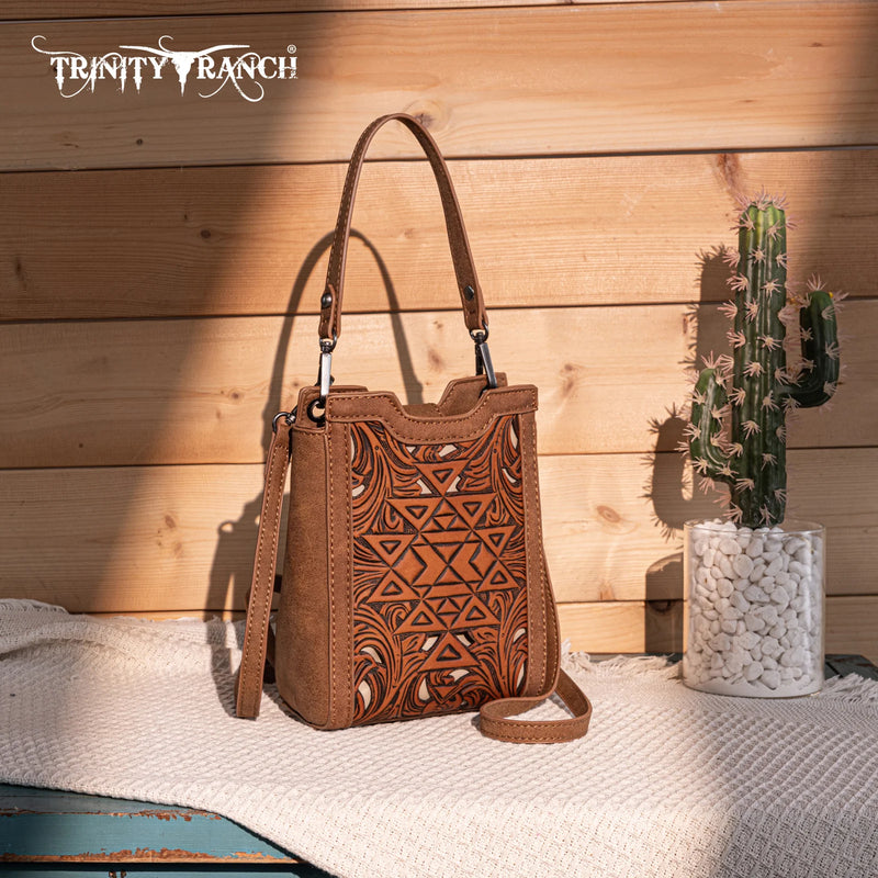 Load image into Gallery viewer, TR190-1821BR - Trinity Ranch Floral Aztec Tooled Mini Tote/Crossbody
