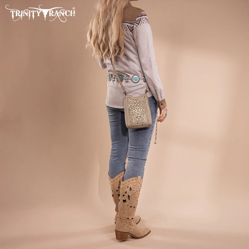 Load image into Gallery viewer, TR190-1821TN - Trinity Ranch Floral Aztec Tooled Mini Tote/Crossbody
