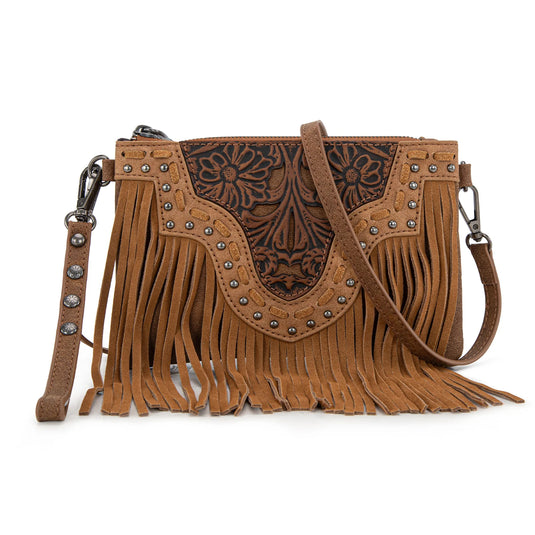 TR194-181BR - Trinity Ranch Floral Tooled Collection Clutch/Crossbody - Brown