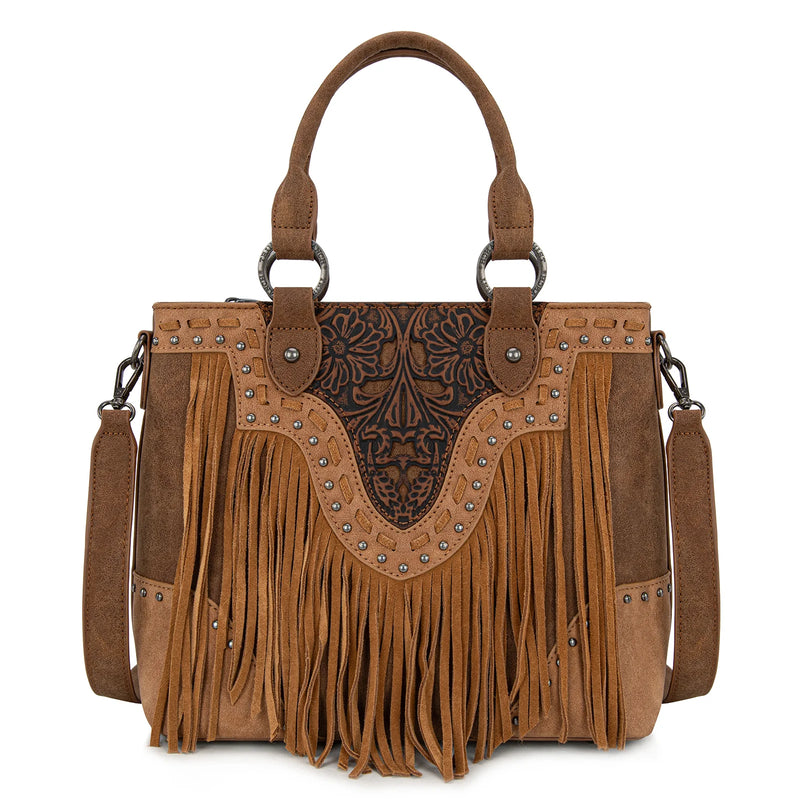 Load image into Gallery viewer, TR194-8250BR - Trinity Ranch Floral Tooled Fringe Tote/Crossbody - Brown
