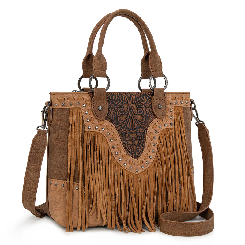 Load image into Gallery viewer, TR194-8250BR - Trinity Ranch Floral Tooled Fringe Tote/Crossbody - Brown
