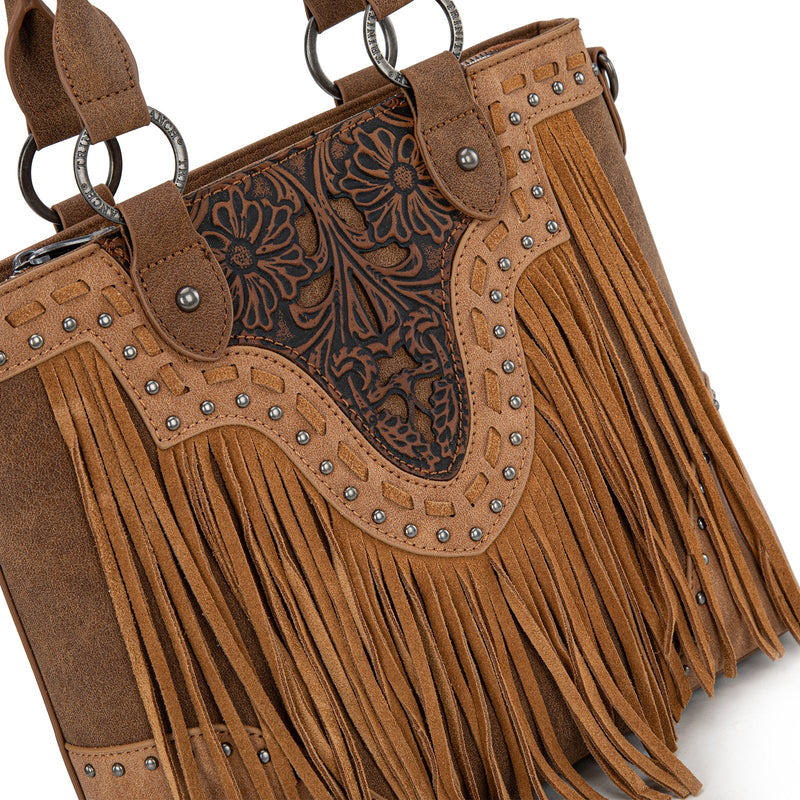 Load image into Gallery viewer, TR194-8250BR - Trinity Ranch Floral Tooled Fringe Tote/Crossbody - Brown
