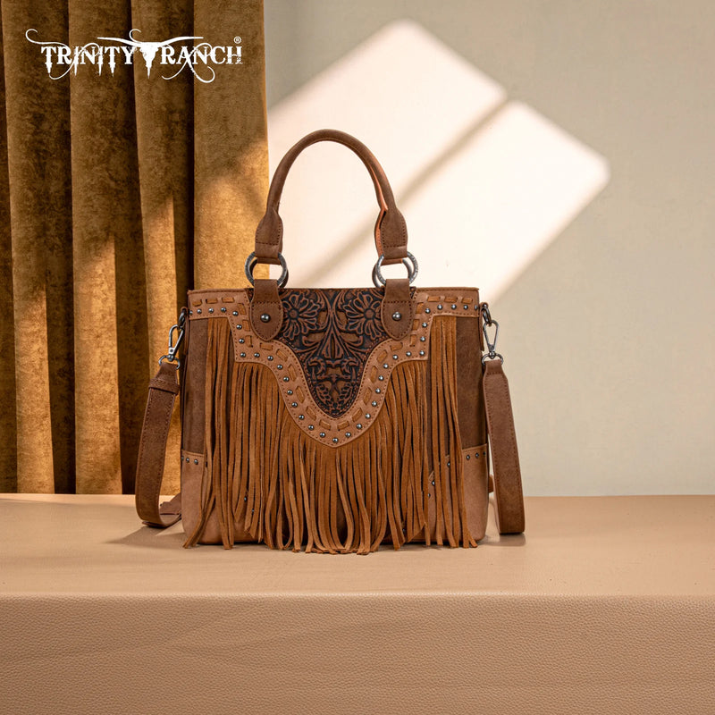 Load image into Gallery viewer, TR194-8250BR - Trinity Ranch Floral Tooled Fringe Tote/Crossbody - Brown
