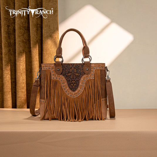 TR194-8250BR - Trinity Ranch Floral Tooled Fringe Tote/Crossbody - Brown