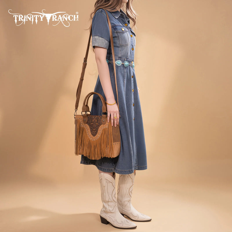 Load image into Gallery viewer, TR194-8250BR - Trinity Ranch Floral Tooled Fringe Tote/Crossbody - Brown

