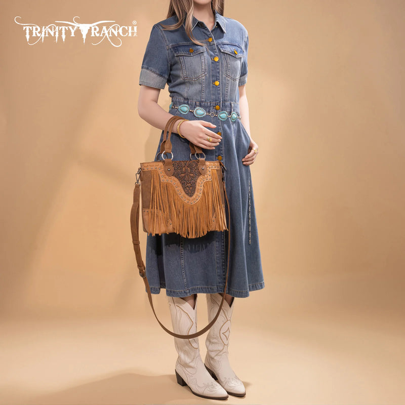 Load image into Gallery viewer, TR194-8250BR - Trinity Ranch Floral Tooled Fringe Tote/Crossbody - Brown
