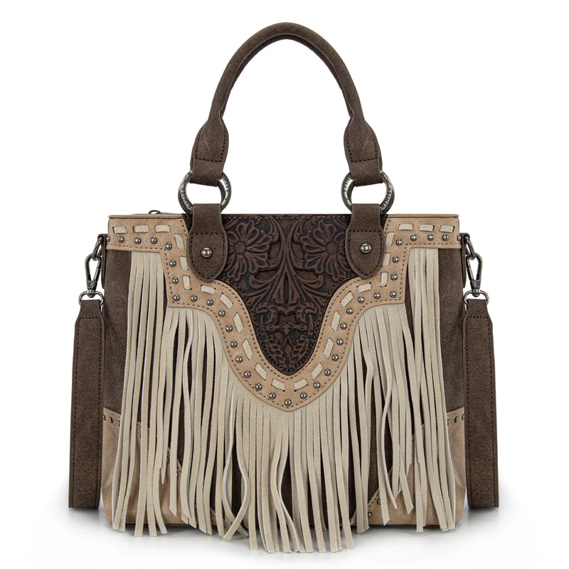Load image into Gallery viewer, TR194-8250CF - Trinity Ranch Floral Tooled Fringe Tote/Crossbody - Coffee
