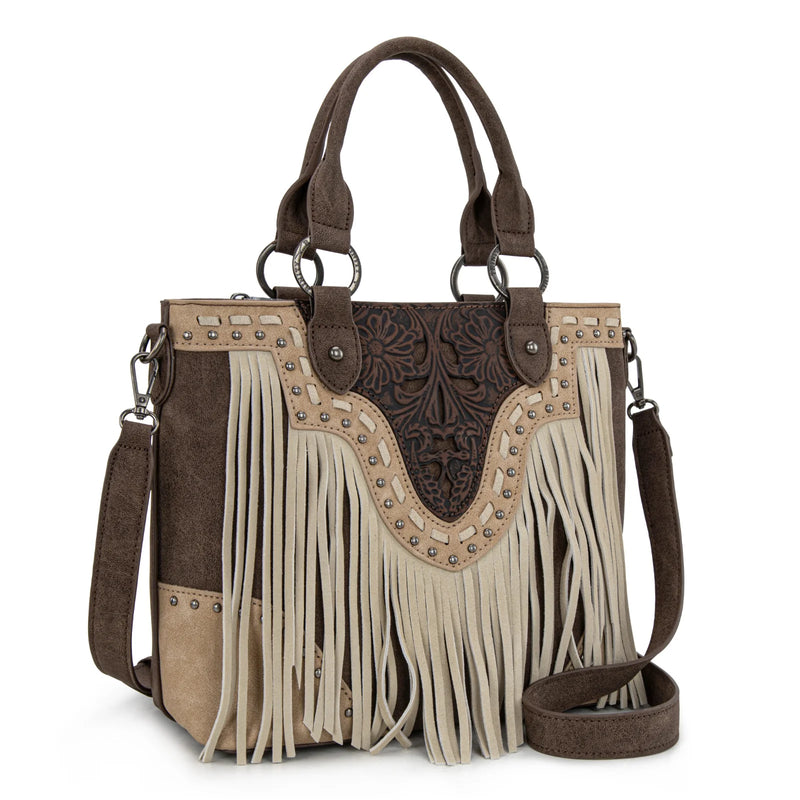 Load image into Gallery viewer, TR194-8250CF - Trinity Ranch Floral Tooled Fringe Tote/Crossbody - Coffee
