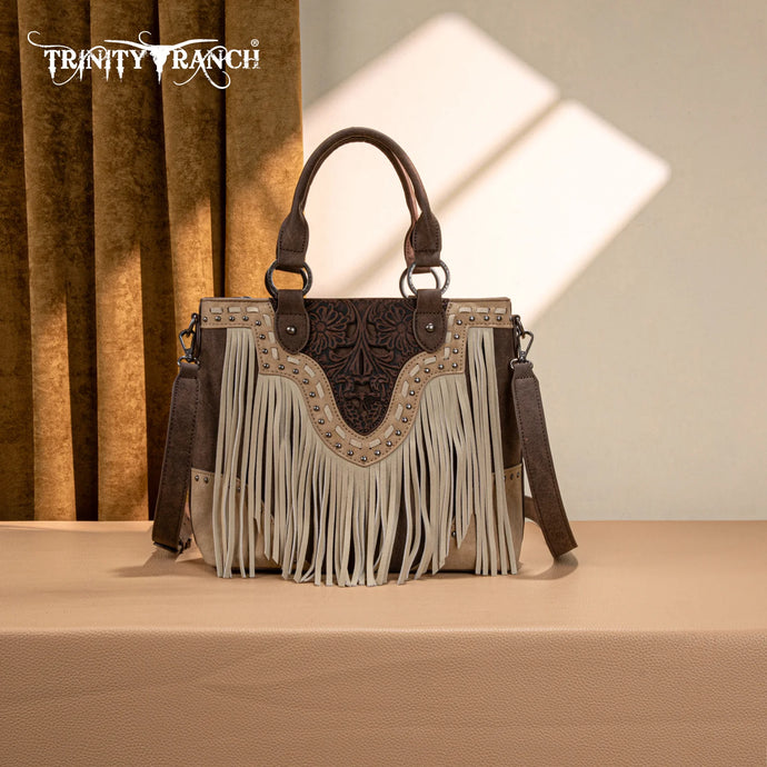 TR194-8250CF - Trinity Ranch Floral Tooled Fringe Tote/Crossbody - Coffee