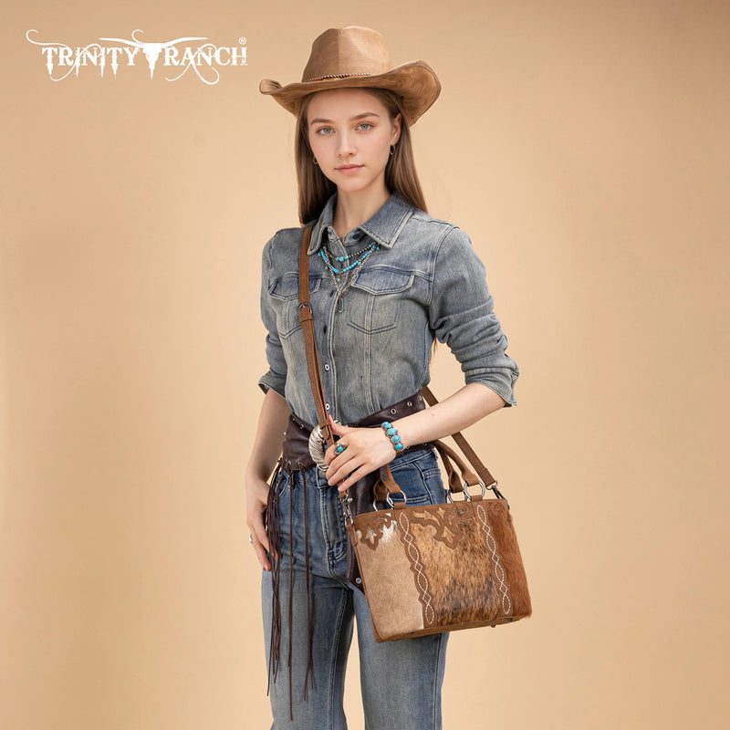 Load image into Gallery viewer, TR198G-8899BR - Trinity Ranch Genuine Hair-On Cowhide Collection Concealed Carry Tote - Brown
