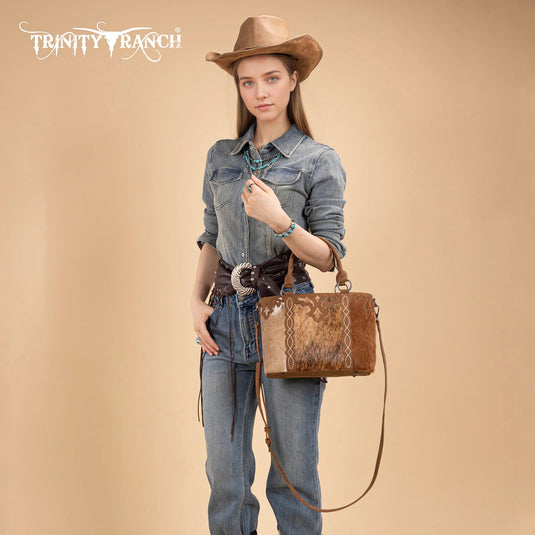 TR198G-8899BR - Trinity Ranch Genuine Hair-On Cowhide Collection Concealed Carry Tote - Brown