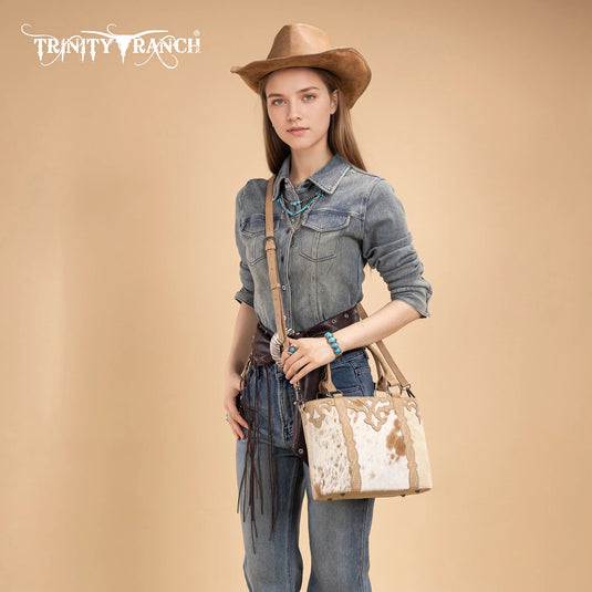 TR198G-8899TN - Trinity Ranch Genuine Hair-On Cowhide Collection Concealed Carry Tote - Tan