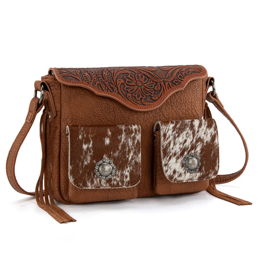 TR203-8360BR - Trinity Ranch Genuine Hair-On Cowhide Tooled Collection Crossbody - Brown