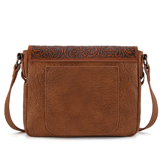 TR203-8360BR - Trinity Ranch Genuine Hair-On Cowhide Tooled Collection Crossbody - Brown
