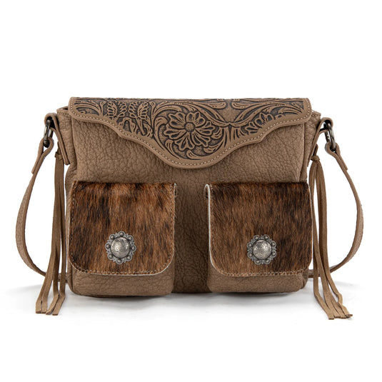 TR203-8360KH - Trinity Ranch Genuine Hair-On Cowhide Tooled Collection Crossbody - Khaki