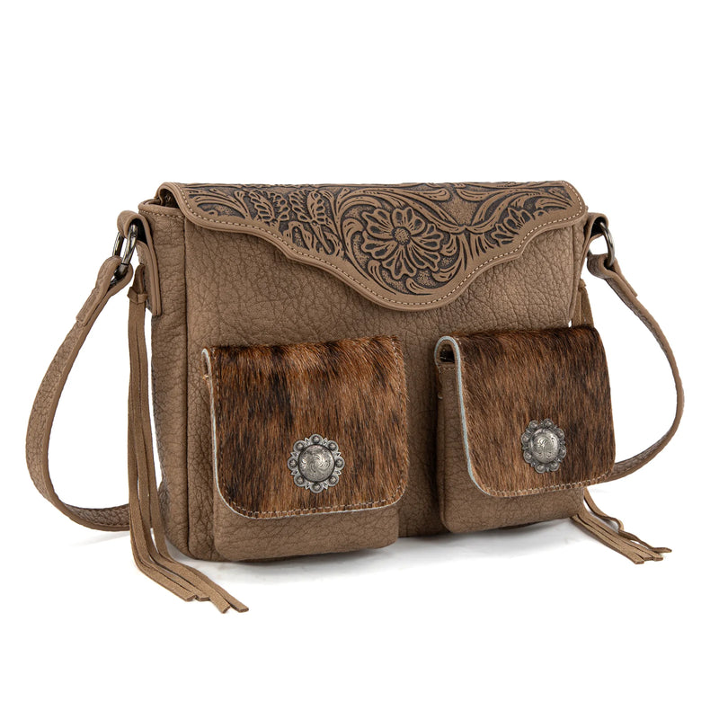 Load image into Gallery viewer, TR203-8360KH - Trinity Ranch Genuine Hair-On Cowhide Tooled Collection Crossbody - Khaki
