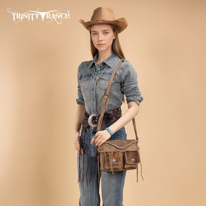 Load image into Gallery viewer, TR203-8360KH - Trinity Ranch Genuine Hair-On Cowhide Tooled Collection Crossbody - Khaki
