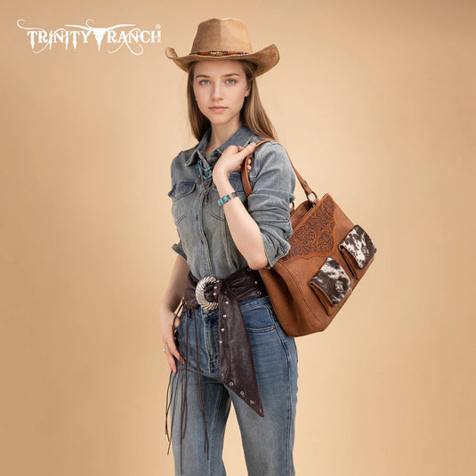 TR203G-8600BR - Trinity Ranch Genuine Hair-On Cowhide Concealed Carry Tote - Brown