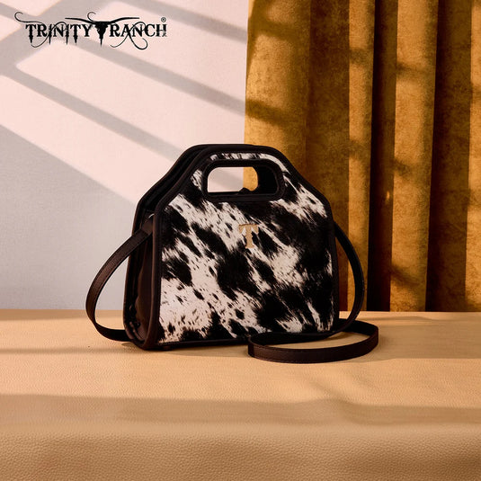 TR206-8360BK - Trinity Ranch Genuine Hair-On Cowhide Satchel Crossbody Bag - Black