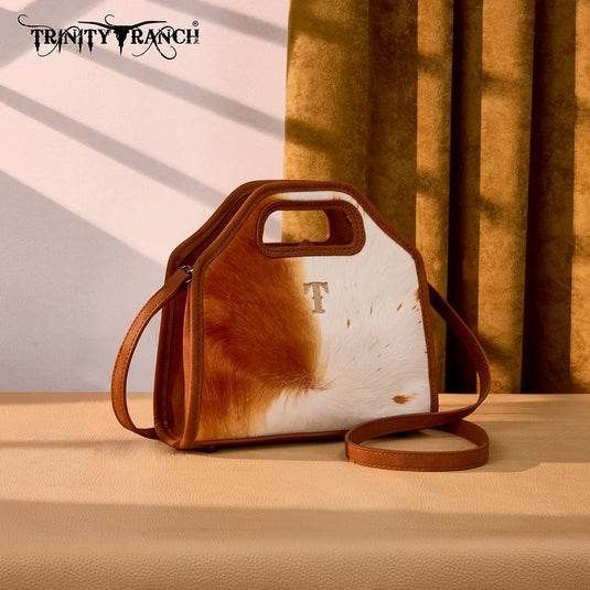 TR206-8360BR - Trinity Ranch Genuine Hair-On Cowhide Satchel Crossbody Bag - Brown