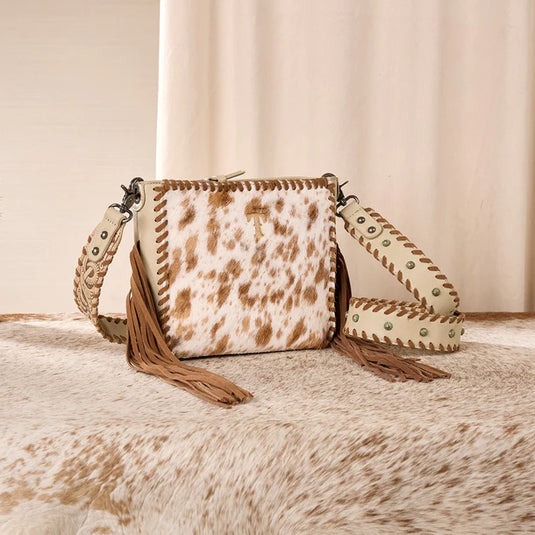 TR207-8360TN - Trinity Ranch Cowhide Fringe Crossbody Bag - Tan