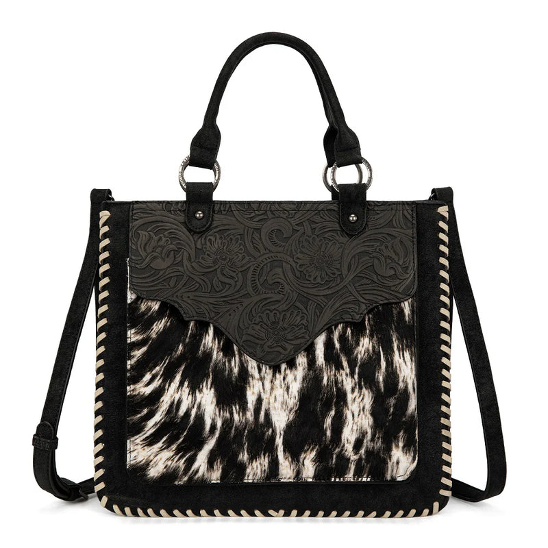 Load image into Gallery viewer, TR208-8317BK - Trinity Ranch Cowhide ＆ Tooled Leather Tote Bag - Black
