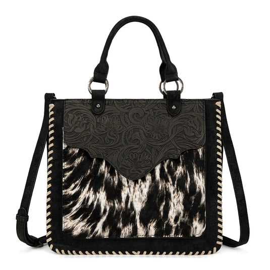 TR208-8317BK - Trinity Ranch Cowhide ＆ Tooled Leather Tote Bag - Black