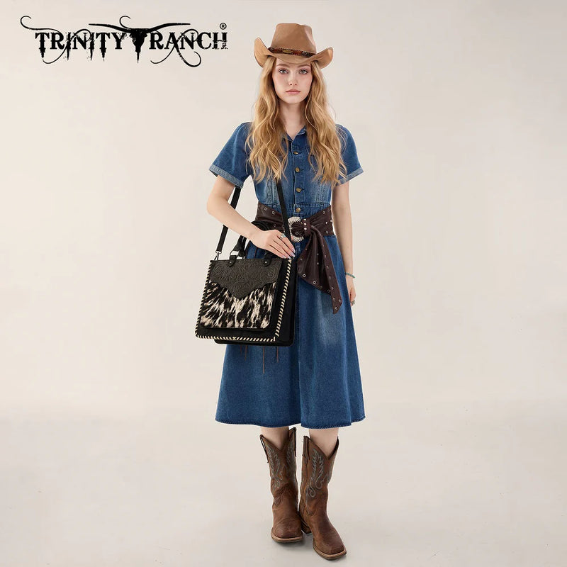 Load image into Gallery viewer, TR208-8317BK - Trinity Ranch Cowhide ＆ Tooled Leather Tote Bag - Black

