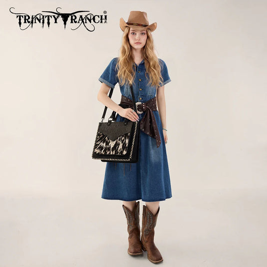 TR208-8317BK - Trinity Ranch Cowhide ＆ Tooled Leather Tote Bag - Black
