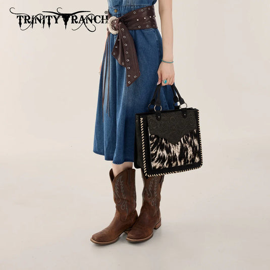 TR208-8317BK - Trinity Ranch Cowhide ＆ Tooled Leather Tote Bag - Black