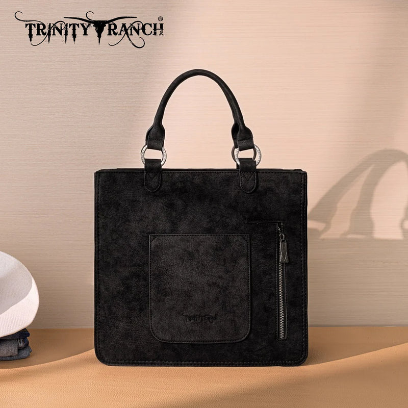 Load image into Gallery viewer, TR208-8317BK - Trinity Ranch Cowhide ＆ Tooled Leather Tote Bag - Black
