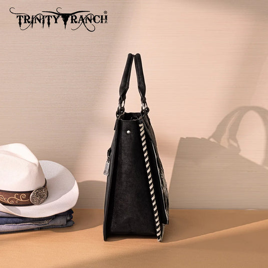 TR208-8317BK - Trinity Ranch Cowhide ＆ Tooled Leather Tote Bag - Black
