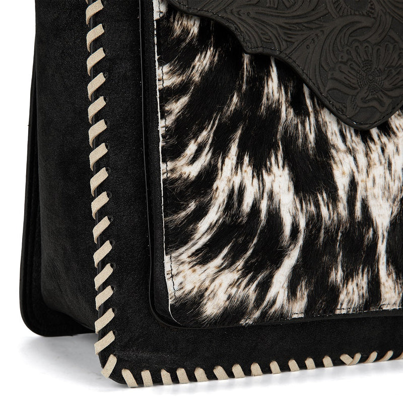 Load image into Gallery viewer, TR208-8317BK - Trinity Ranch Cowhide ＆ Tooled Leather Tote Bag - Black
