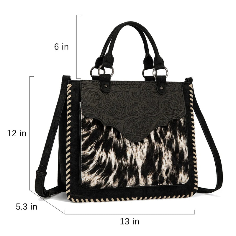 Load image into Gallery viewer, TR208-8317BK - Trinity Ranch Cowhide ＆ Tooled Leather Tote Bag - Black
