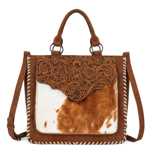TR208-8317BR - Trinity Ranch Cowhide ＆ Tooled Leather Tote Bag - Brown