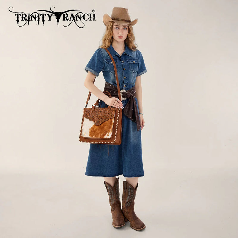 Load image into Gallery viewer, TR208-8317BR - Trinity Ranch Cowhide ＆ Tooled Leather Tote Bag - Brown
