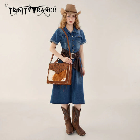 TR208-8317BR - Trinity Ranch Cowhide ＆ Tooled Leather Tote Bag - Brown