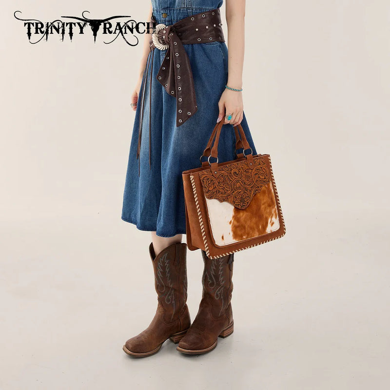 Load image into Gallery viewer, TR208-8317BR - Trinity Ranch Cowhide ＆ Tooled Leather Tote Bag - Brown
