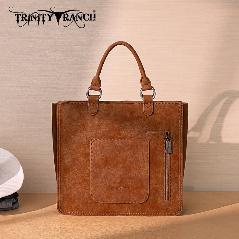 Load image into Gallery viewer, TR208-8317BR - Trinity Ranch Cowhide ＆ Tooled Leather Tote Bag - Brown
