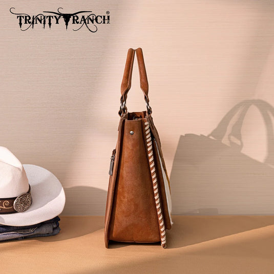 TR208-8317BR - Trinity Ranch Cowhide ＆ Tooled Leather Tote Bag - Brown