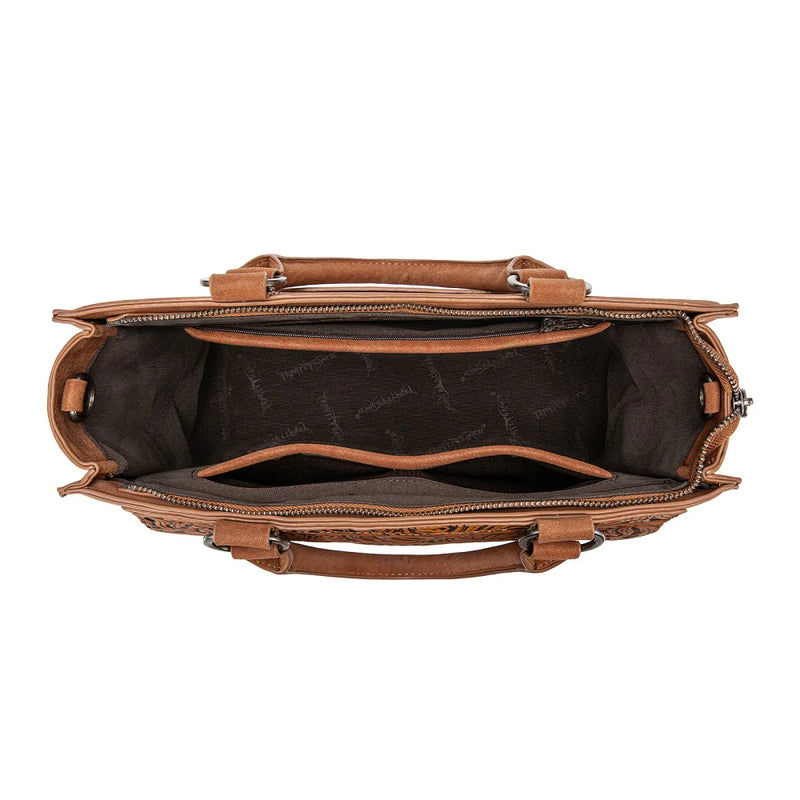 Load image into Gallery viewer, TR208-8317BR - Trinity Ranch Cowhide ＆ Tooled Leather Tote Bag - Brown
