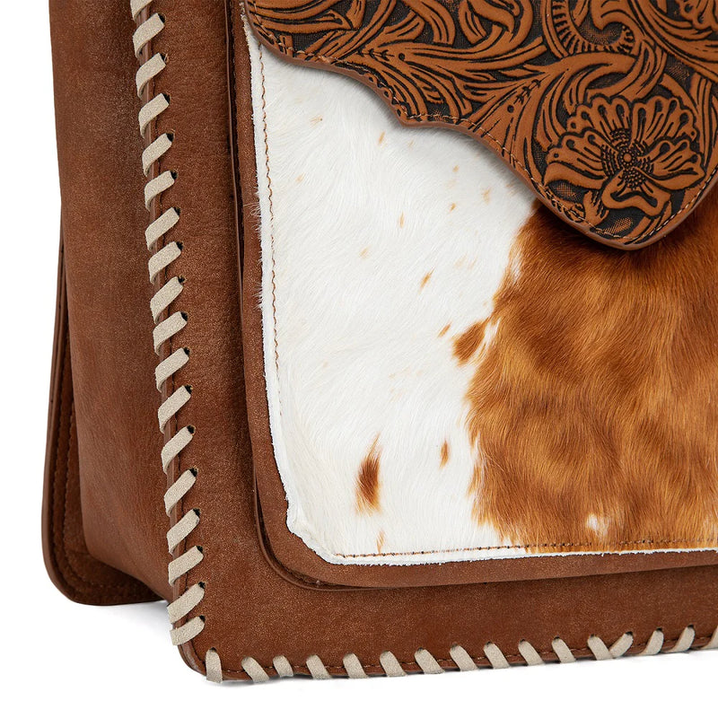 Load image into Gallery viewer, TR208-8317BR - Trinity Ranch Cowhide ＆ Tooled Leather Tote Bag - Brown
